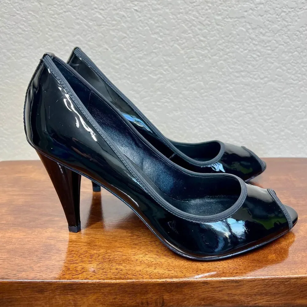 Donald J Pliner Heels Black Patent Leather Slip On Peep Toe Pump Shoe size 9M